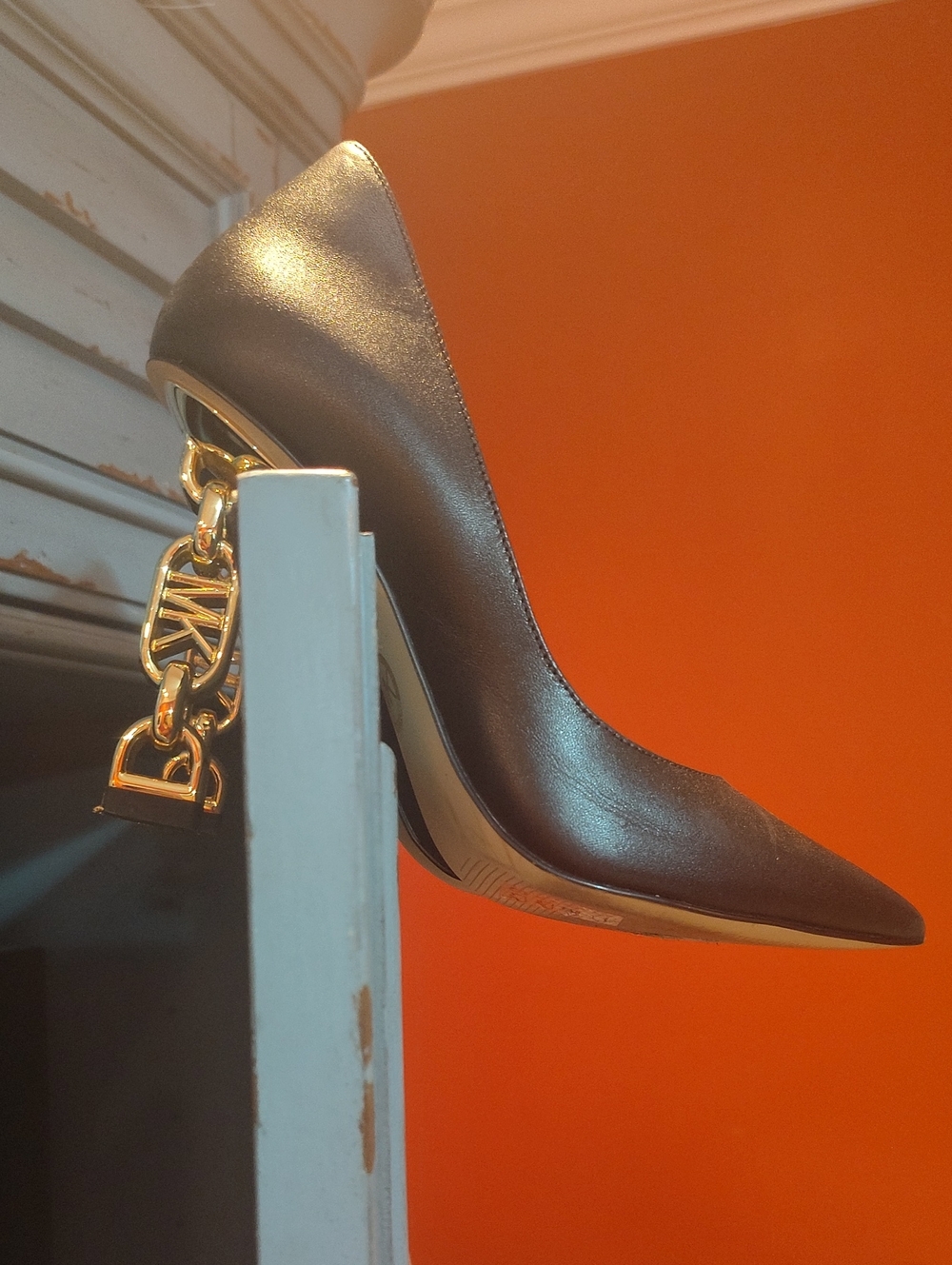 Michael Kors Brown Leather Pointed Toe Pumps with Gold Logo Chain Heel